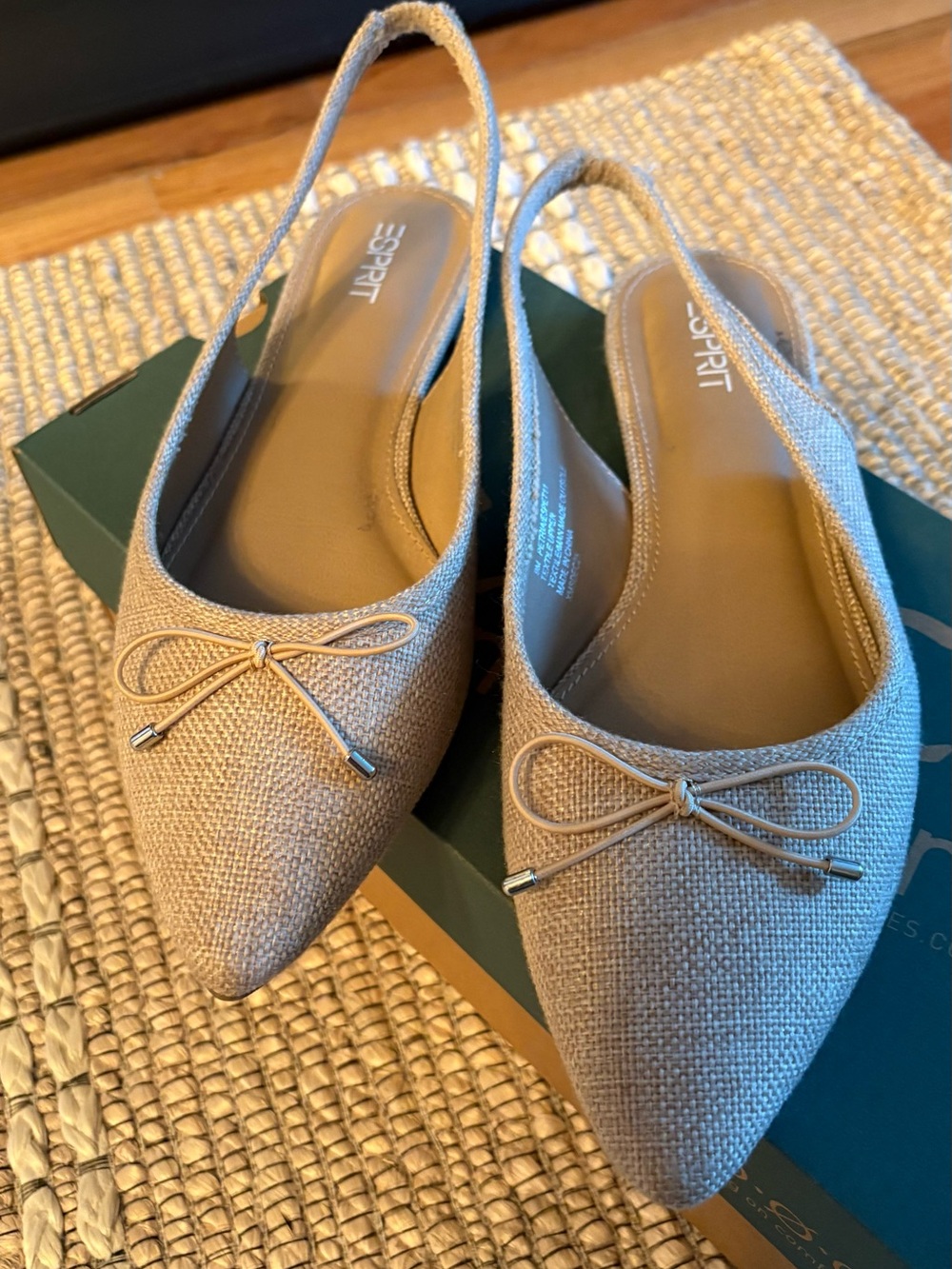 Esprit Beige Pointed Toe Slingback Flats with Bow Accent